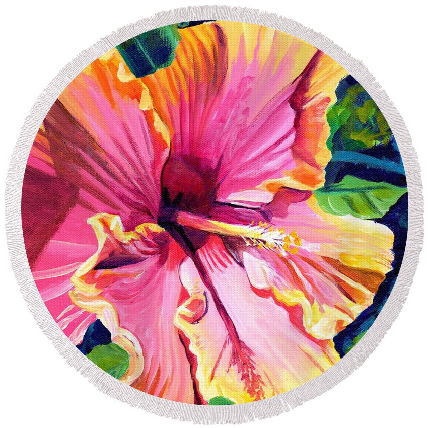 Hibiscus Round Beach Towel featuring the painting Tropical Bliss Hibiscus by Marionette Taboniar