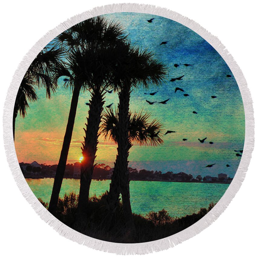 Seascapes Round Beach Towel featuring the digital art Tropical Evening by Jan Amiss Photography