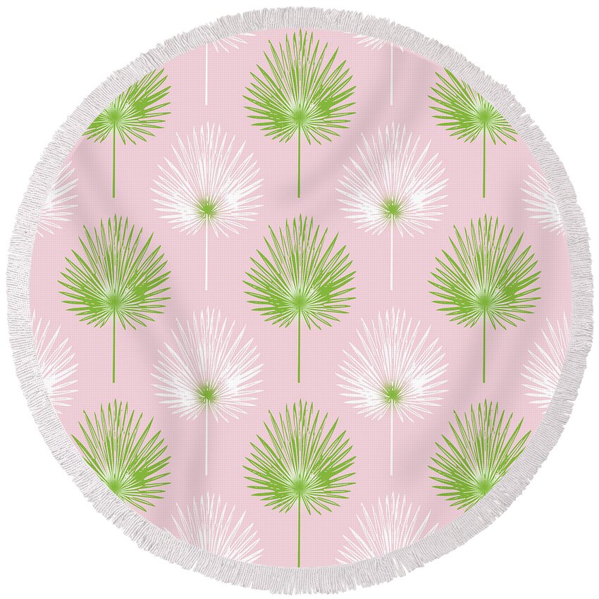 Tropical Round Beach Towel featuring the mixed media Tropical Leaves on Pink 2- Art by Linda Woods by Linda Woods