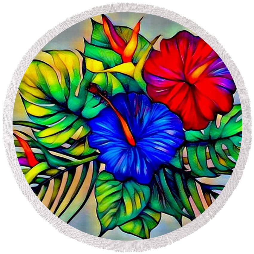 Original Prismacolor Pencil Drawing Digital Photograph By Breenabriggemanart Hibiscus Flowers Floral Beach Tropical Ocean Whimsical Charming Cheerful Colorful Bright Round Beach Towel featuring the digital art Tropical Neon Boutique by Breena Briggeman