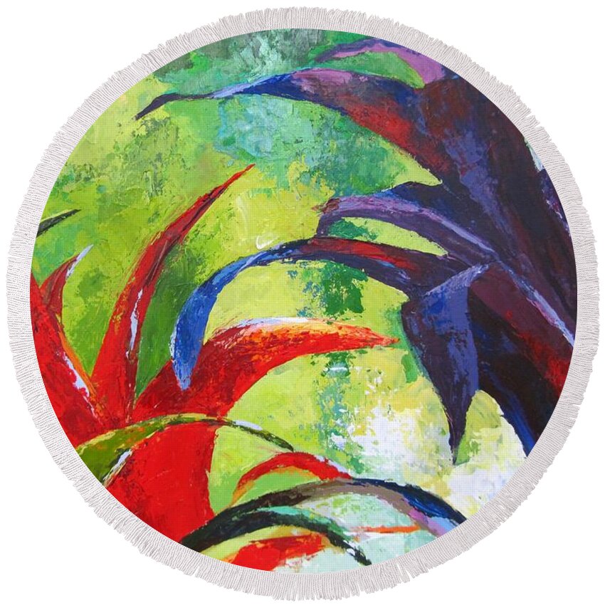 Tropics Round Beach Towel featuring the painting Tropical Paradise Palette Knife Painting by Chris Hobel