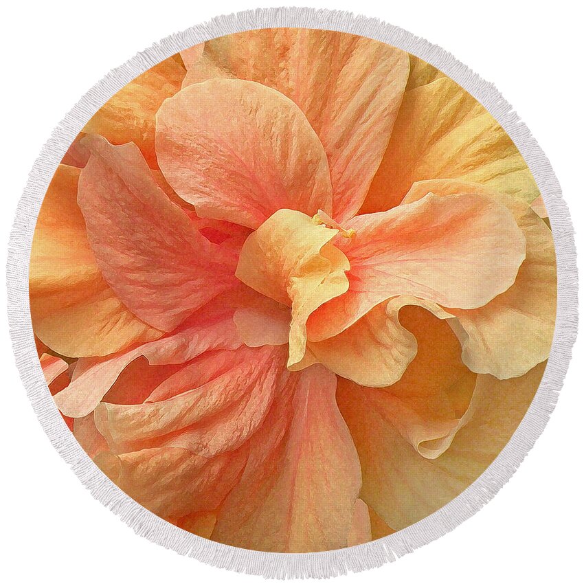 Photography Round Beach Towel featuring the photograph Tropical Peach Hibiscus Flower by Deborah Smith