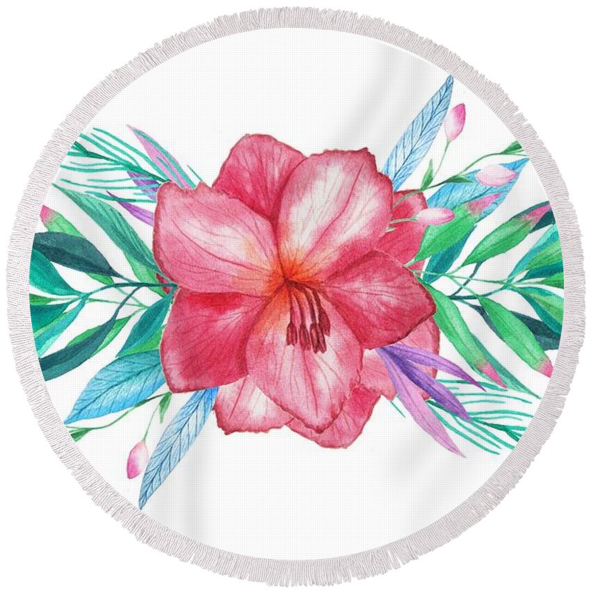 Delicate Round Beach Towel featuring the painting Tropical Watercolor Bouquet 5 by Elaine Plesser