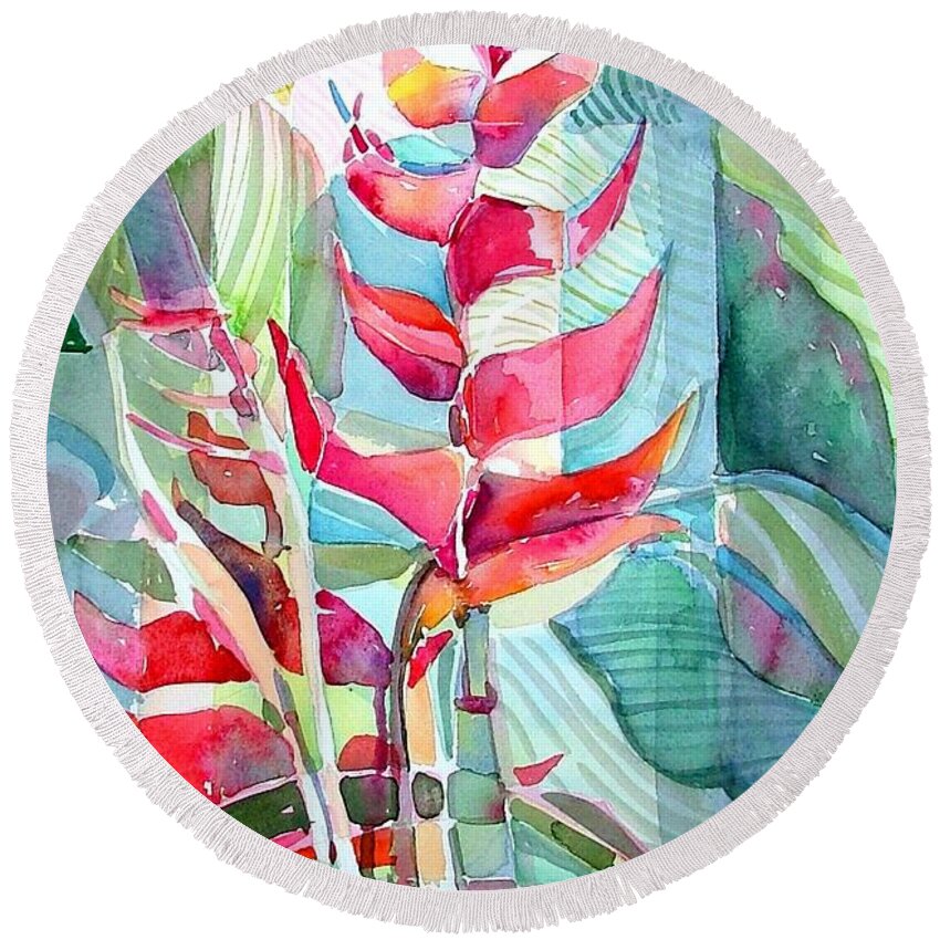 Landscape Round Beach Towel featuring the painting Tropicana Red by Mindy Newman