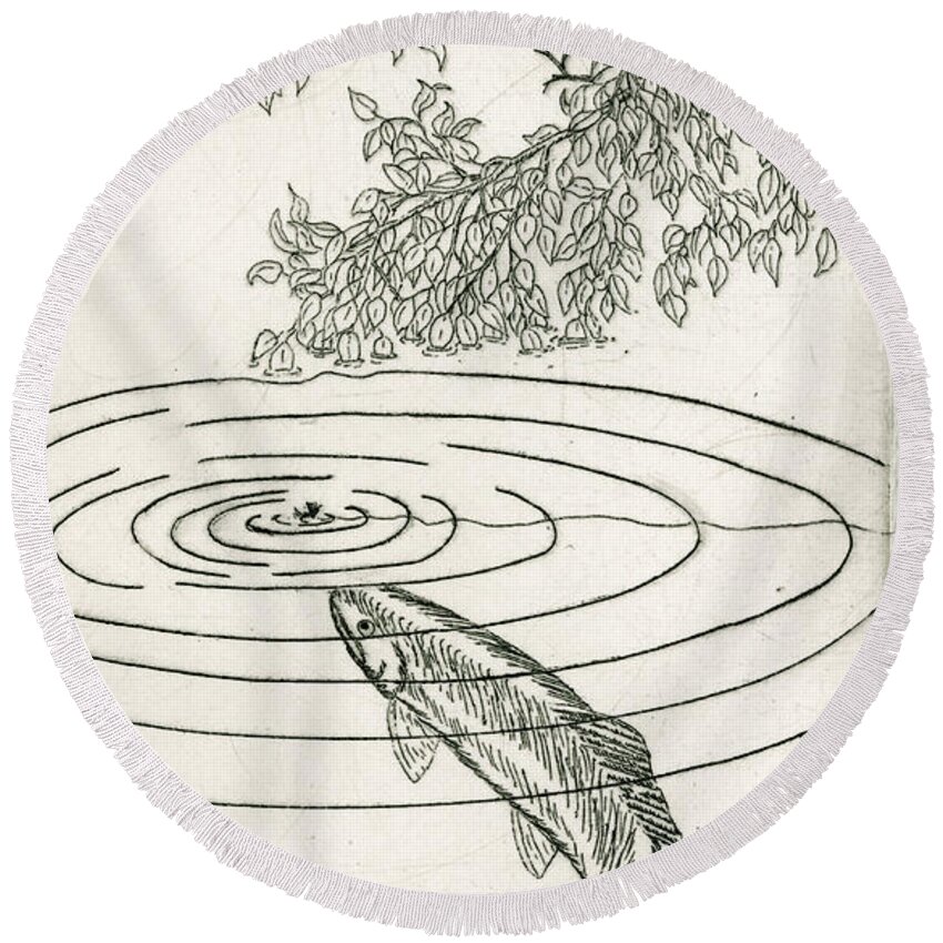 Charles Harden Round Beach Towel featuring the drawing Trout Rising to Dry Fly by Charles Harden