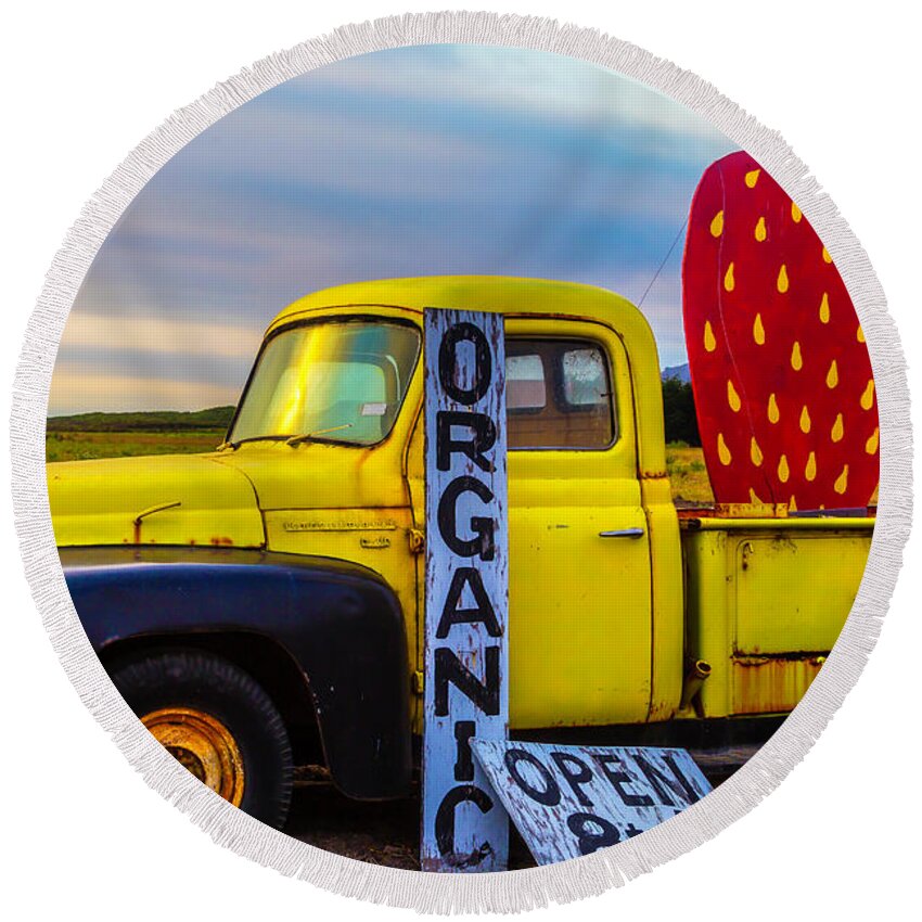 Truck Round Beach Towel featuring the photograph Truck With Strawberry Sign by Garry Gay