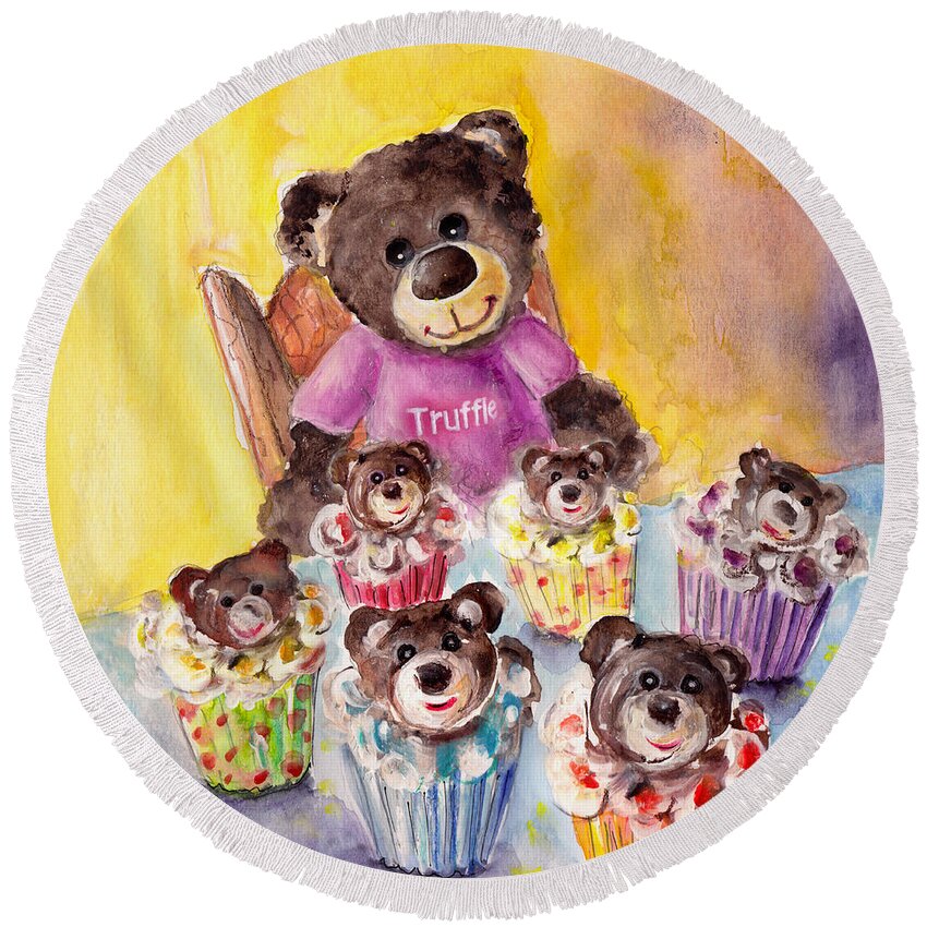 Animals Round Beach Towel featuring the painting Truffle McFurry And The Bear Cupcakes by Miki De Goodaboom