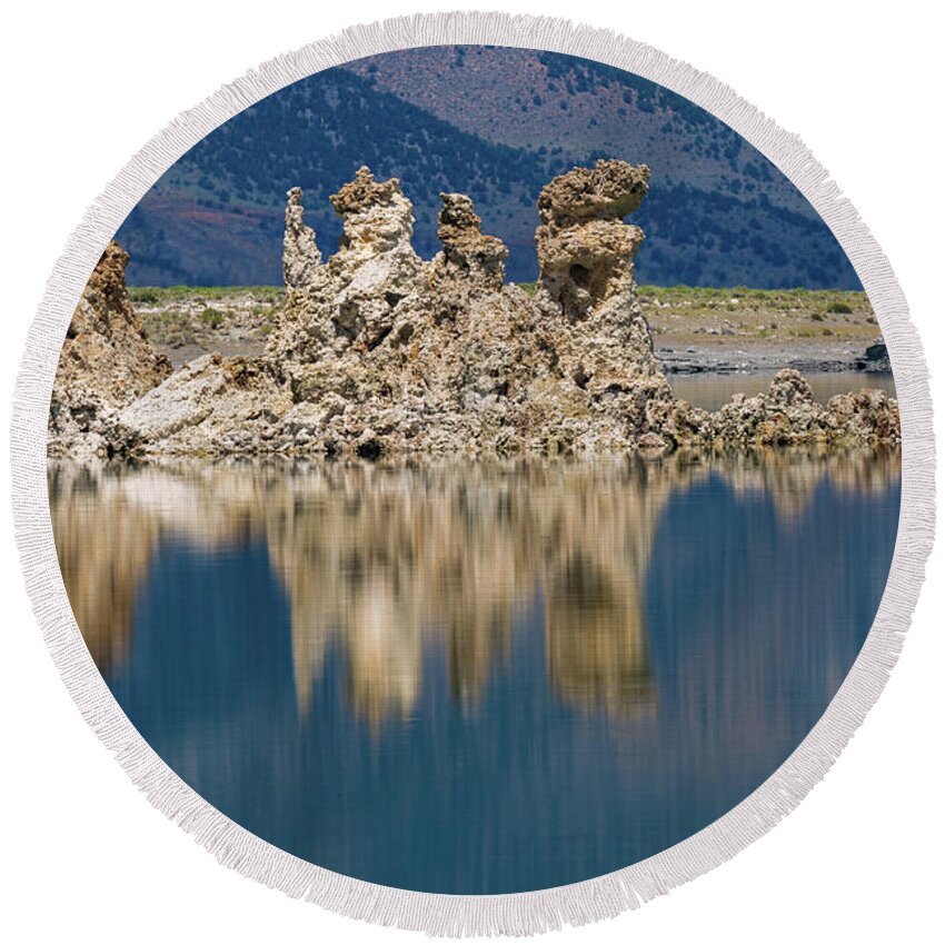Mono Lake Round Beach Towel featuring the photograph Tuffa Reflection by Anthony Michael Bonafede