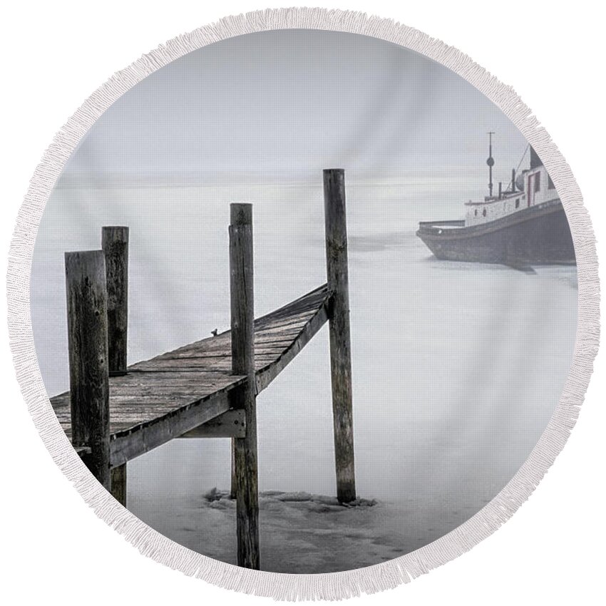 Sea Round Beach Towel featuring the photograph Tugboat stuck in the Winter Ice by Randall Nyhof