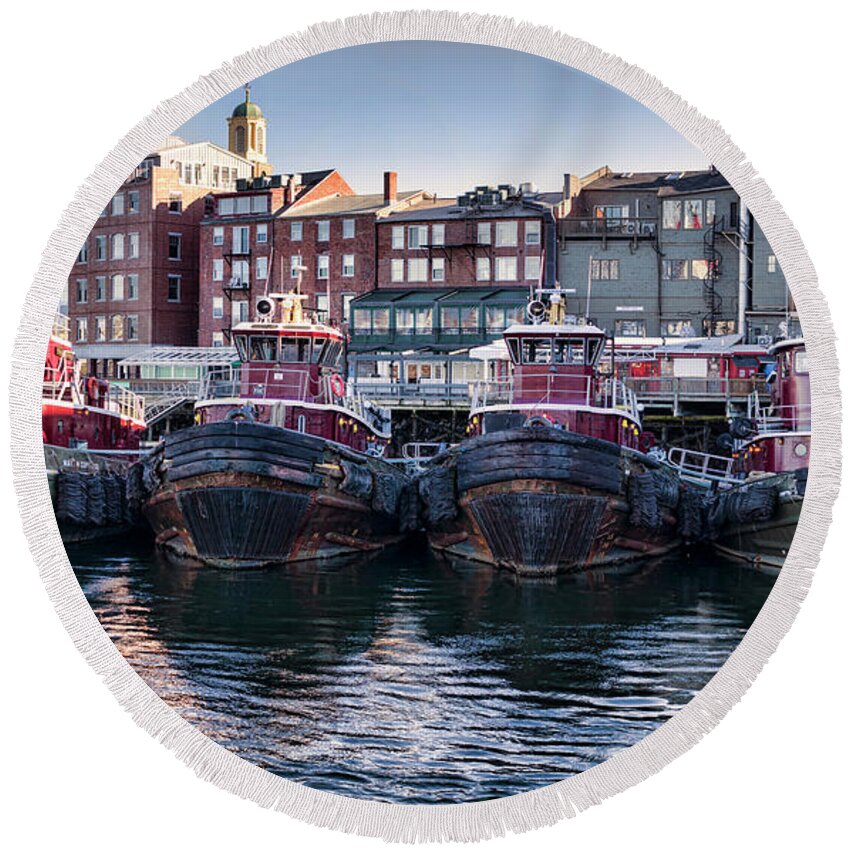 Tugboats Round Beach Towel featuring the photograph Tugboats in the Harbor by Heather Applegate