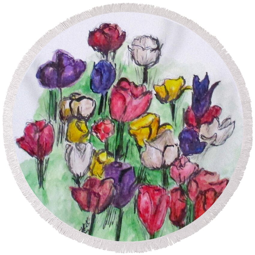 Tulips Round Beach Towel featuring the painting Tulip Bed by Clyde J Kell