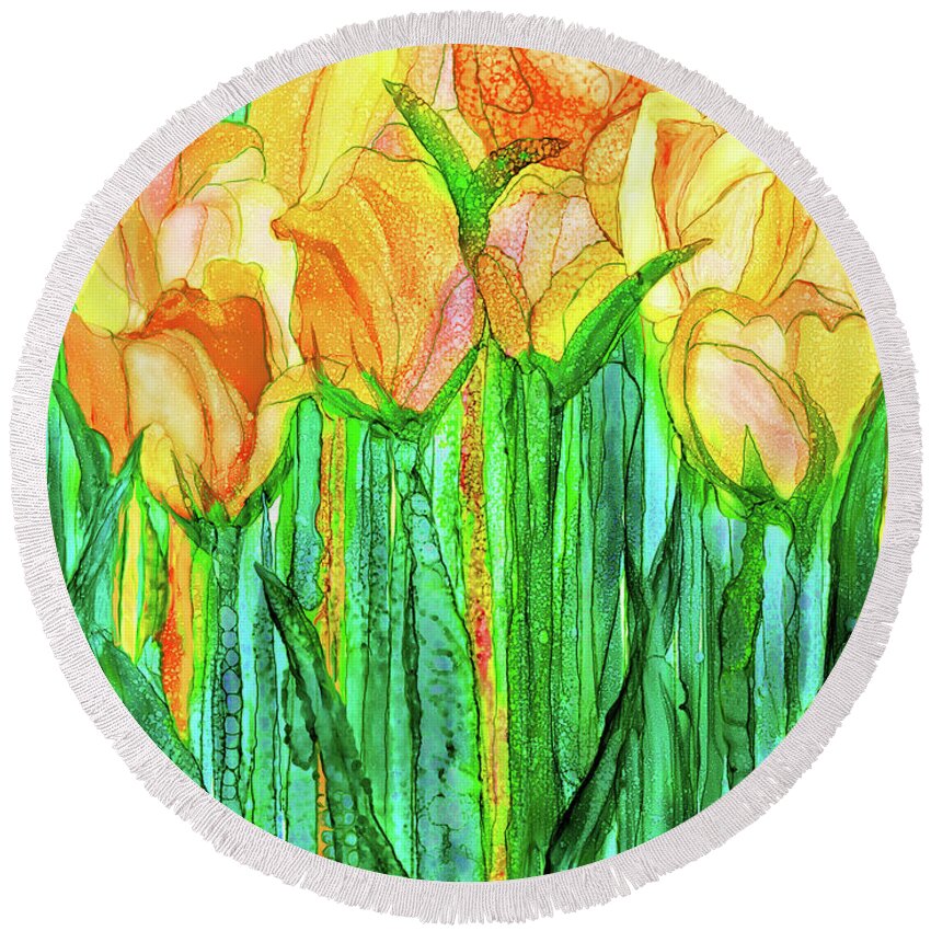 Carol Cavalaris Round Beach Towel featuring the mixed media Tulip Bloomies 1 - Yellow by Carol Cavalaris