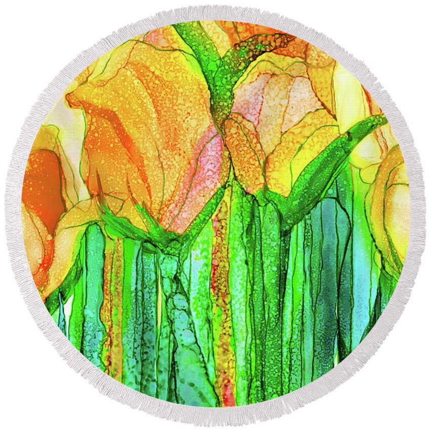 Carol Cavalaris Round Beach Towel featuring the mixed media Tulip Bloomies 3 - Yellow by Carol Cavalaris
