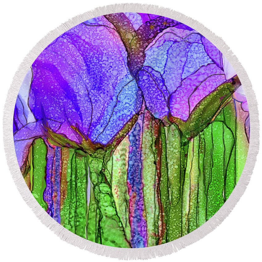 Carol Cavalaris Round Beach Towel featuring the mixed media Tulip Bloomies 4 - Purple by Carol Cavalaris