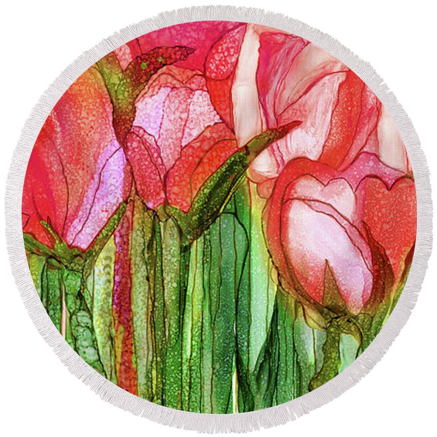 Carol Cavalaris Round Beach Towel featuring the mixed media Tulip Bloomies 4 - Red by Carol Cavalaris