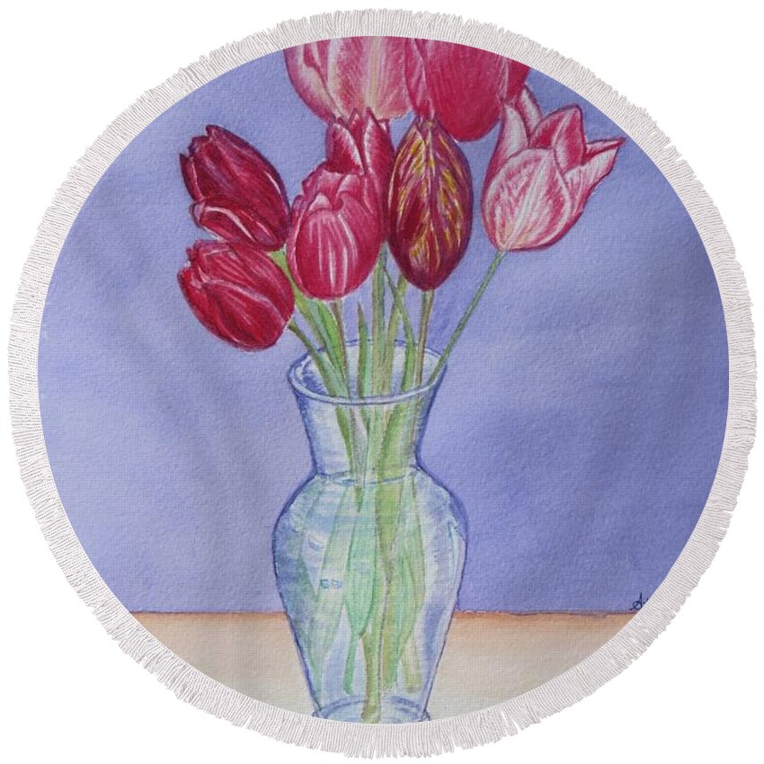 Aimee Mouw Round Beach Towel featuring the painting Tulip Bouquet by Aimee Mouw