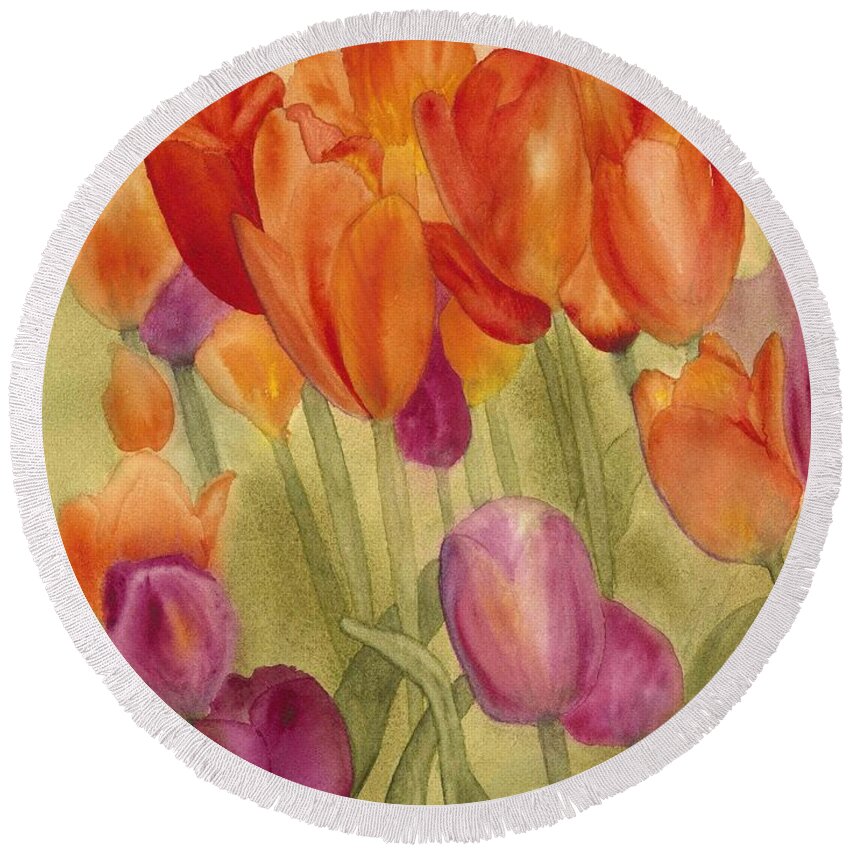 Tulips Round Beach Towel featuring the painting Tulip Glory by Louise Magno