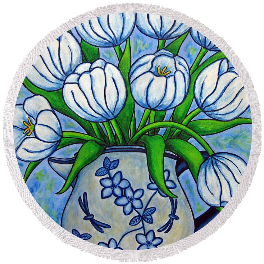 Flower Round Beach Towel featuring the painting Tulip Tranquility by Lisa Lorenz