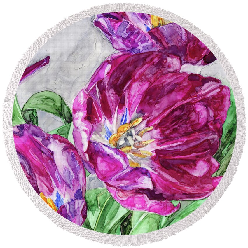 Yupo Round Beach Towel featuring the painting Tulips From a Friend II by Vicki Baun Barry