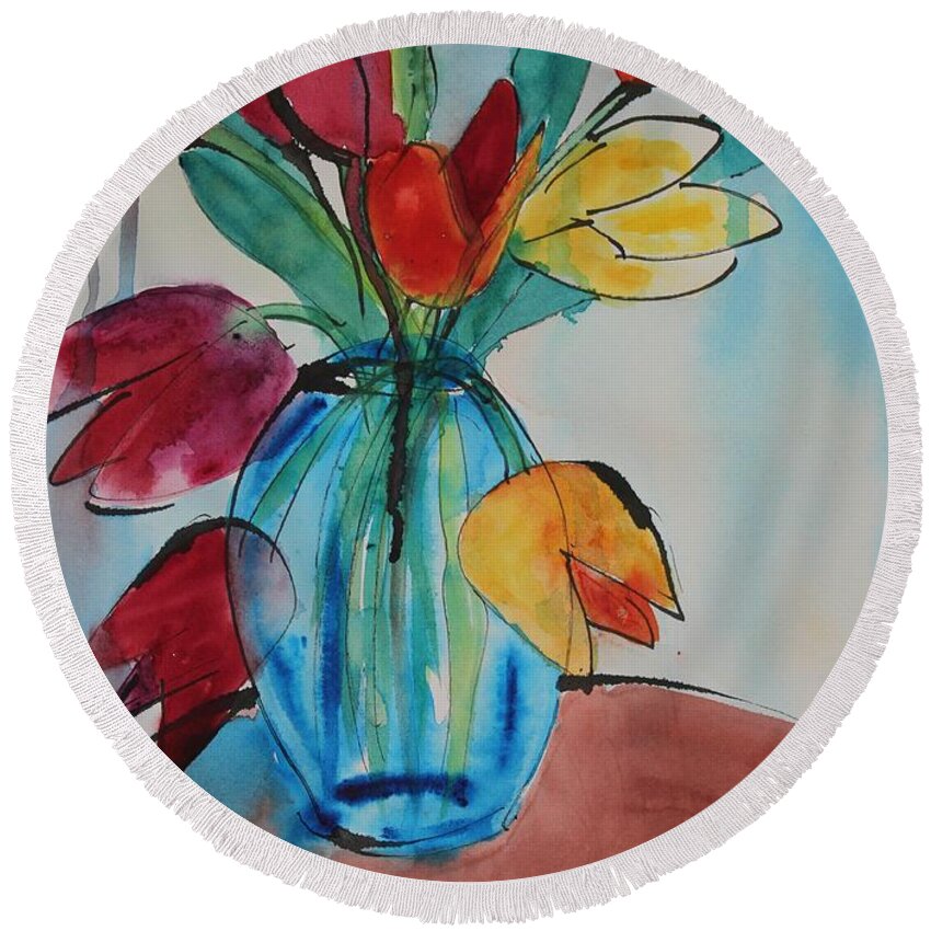 Tulips Round Beach Towel featuring the painting Tulips in a Blue Glass Vase by Ruth Kamenev