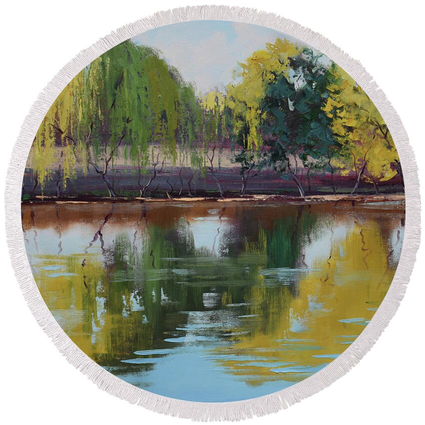 River Round Beach Towel featuring the painting Tumut Reflections by Graham Gercken