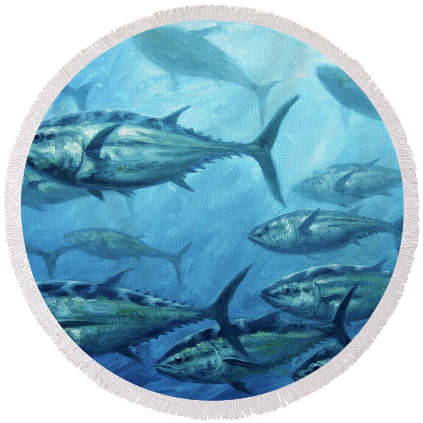 Tuna School Round Beach Towel featuring the painting Tuna School by Guy Crittenden