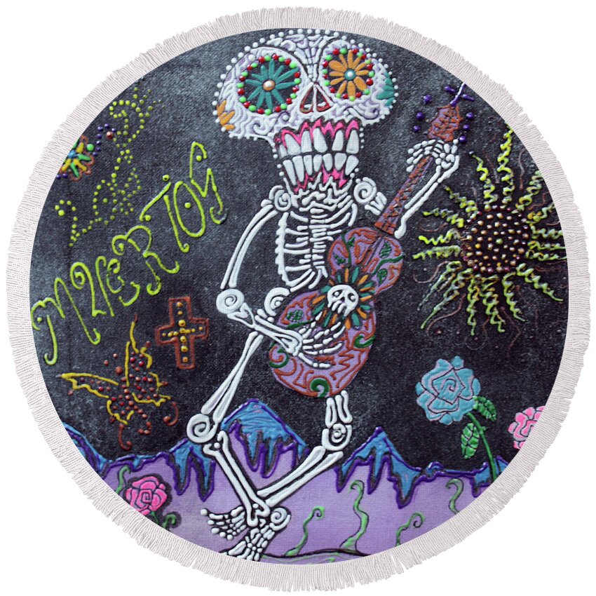 Afterlife Round Beach Towel featuring the painting Tune of Los Muertos by Laura Barbosa