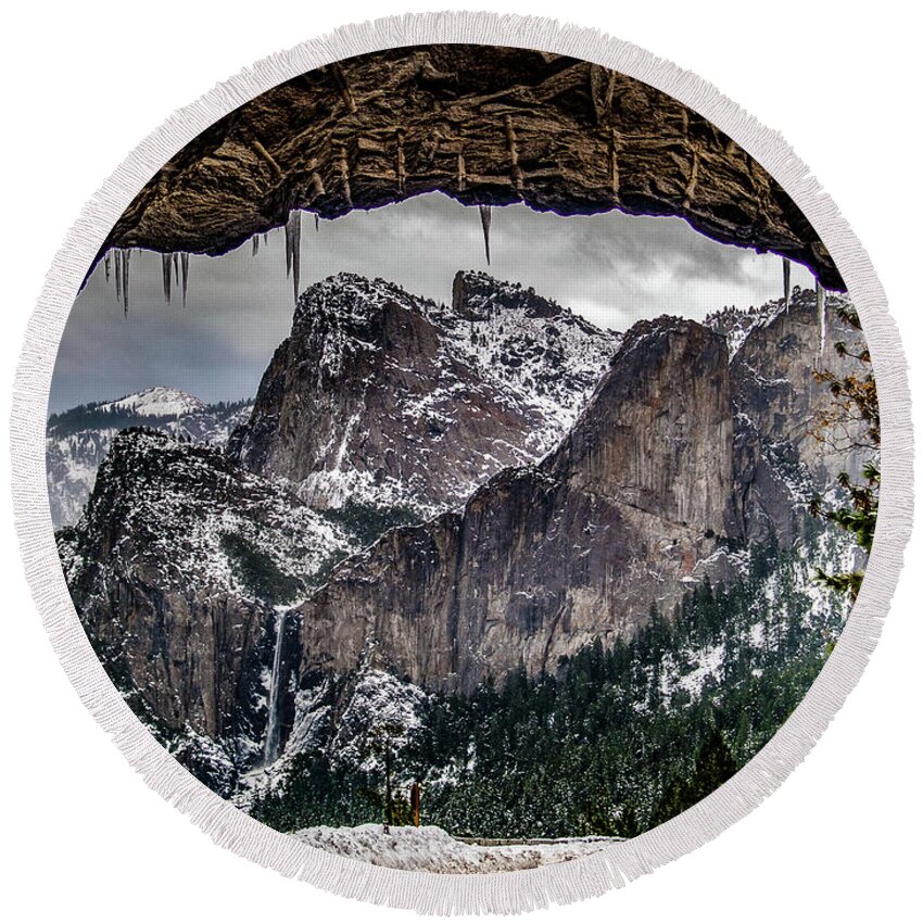 Three Brothers Round Beach Towel featuring the photograph Tunnel View From the Tunnel by Bill Gallagher