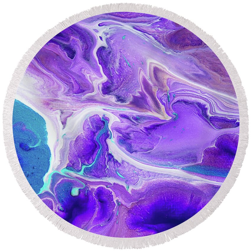 Jenny Rainbow Fine Art Photography Round Beach Towel featuring the painting Turquoise and Purple Flows. Vertical. Abstract Fluid Acrylic Painting by Jenny Rainbow