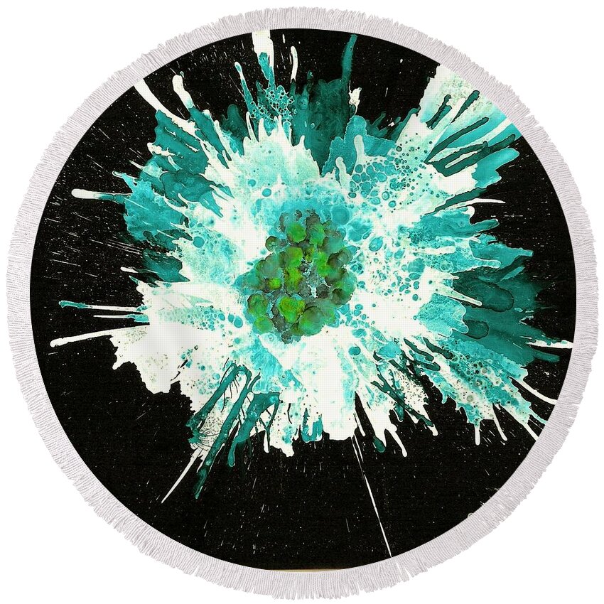 Abstract Round Beach Towel featuring the painting Turquoise Burst by Linda Stanton
