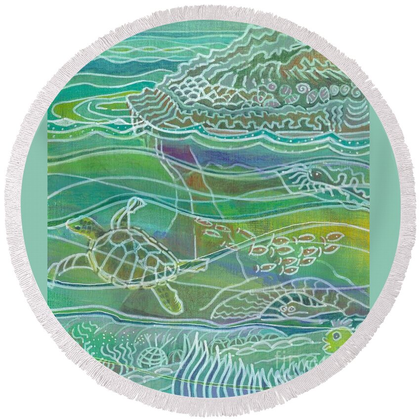 Reef Round Beach Towel featuring the mixed media Turtle at the Copper Sweeper Reef by Amelia Stephenson at Ameliaworks