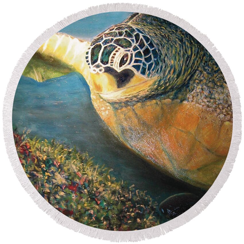 Karen Zuk Rosenblatt Art And Photography Round Beach Towel featuring the painting Turtle Run by Karen Zuk Rosenblatt