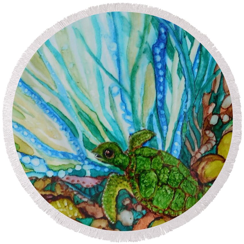 Imaginary Round Beach Towel featuring the painting Turtle Too by Joan Clear