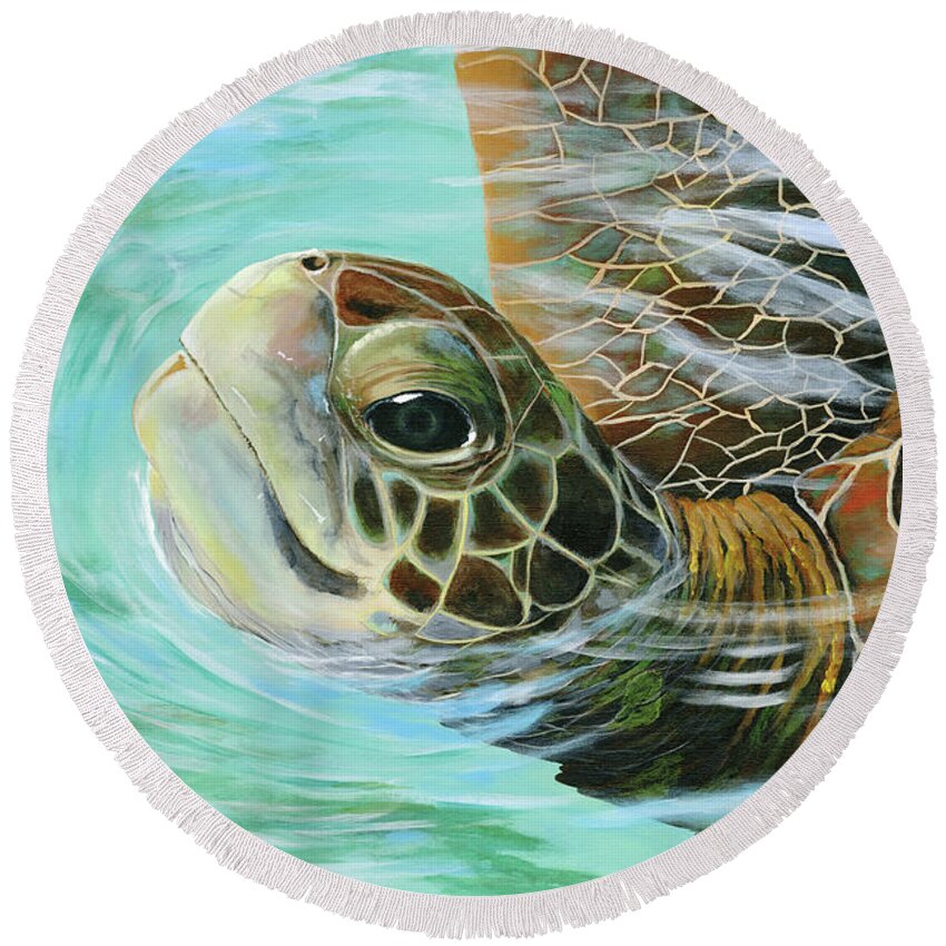 Turtle Round Beach Towel featuring the painting Turtle Up by Donna Tucker