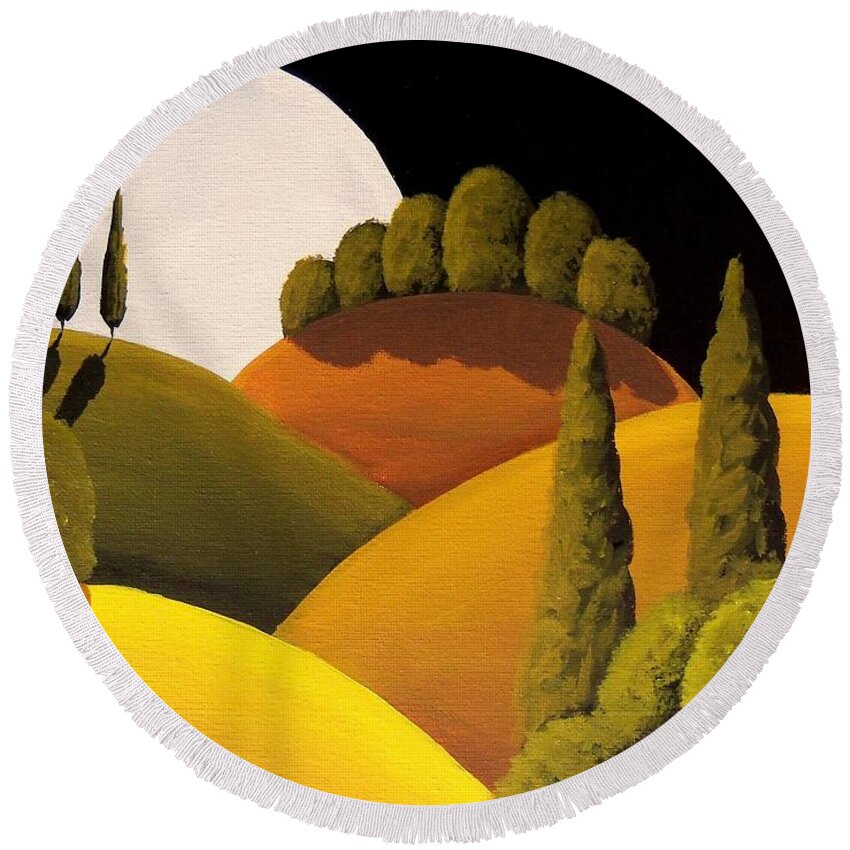 Folk Art Round Beach Towel featuring the painting Tuscan Moon - landscape by Debbie Criswell