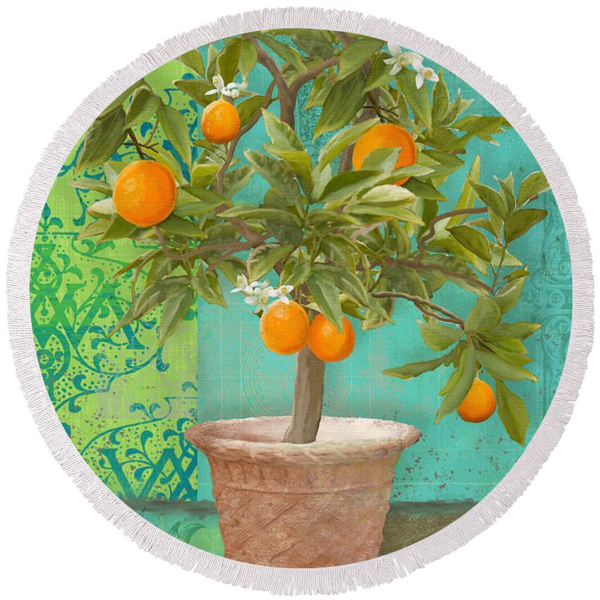 Tuscan Round Beach Towel featuring the painting Tuscan Orange Topiary - Damask Pattern 2 by Audrey Jeanne Roberts