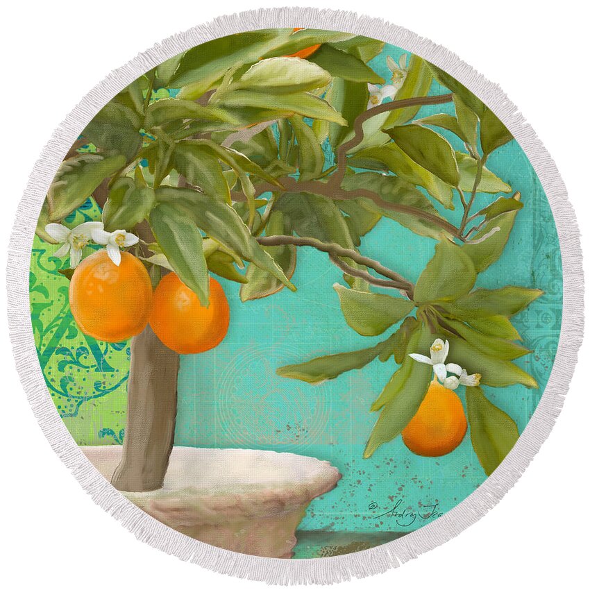 Tuscan Round Beach Towel featuring the painting Tuscan Orange Topiary - Damask Pattern 3 by Audrey Jeanne Roberts