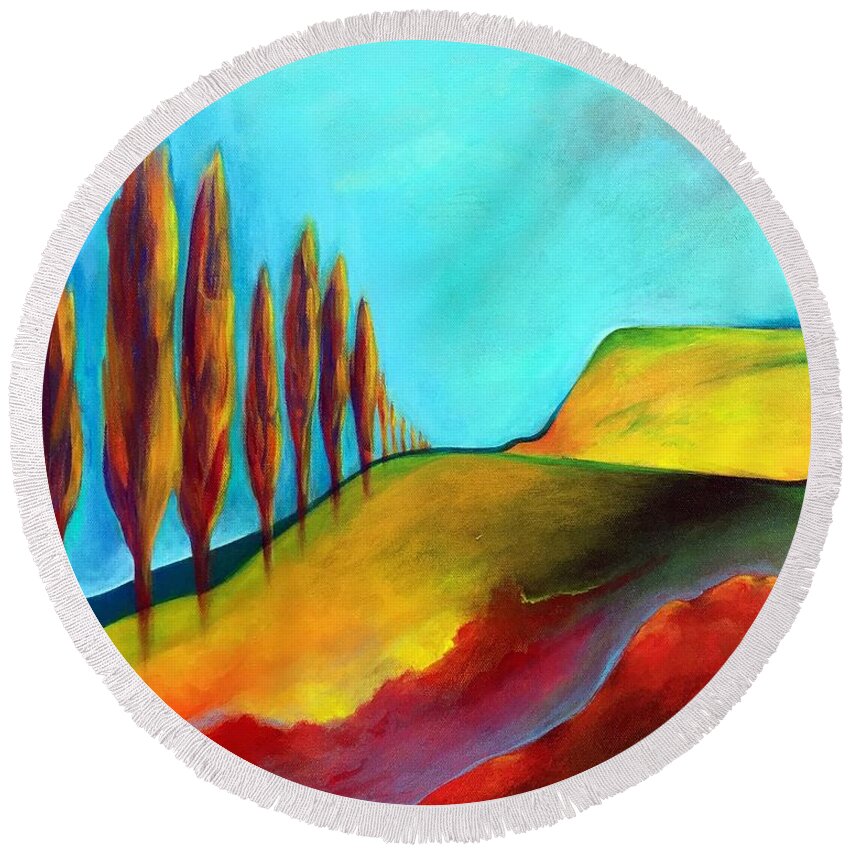 Landscape Round Beach Towel featuring the painting Tuscan Sentinels by Elizabeth Fontaine-Barr