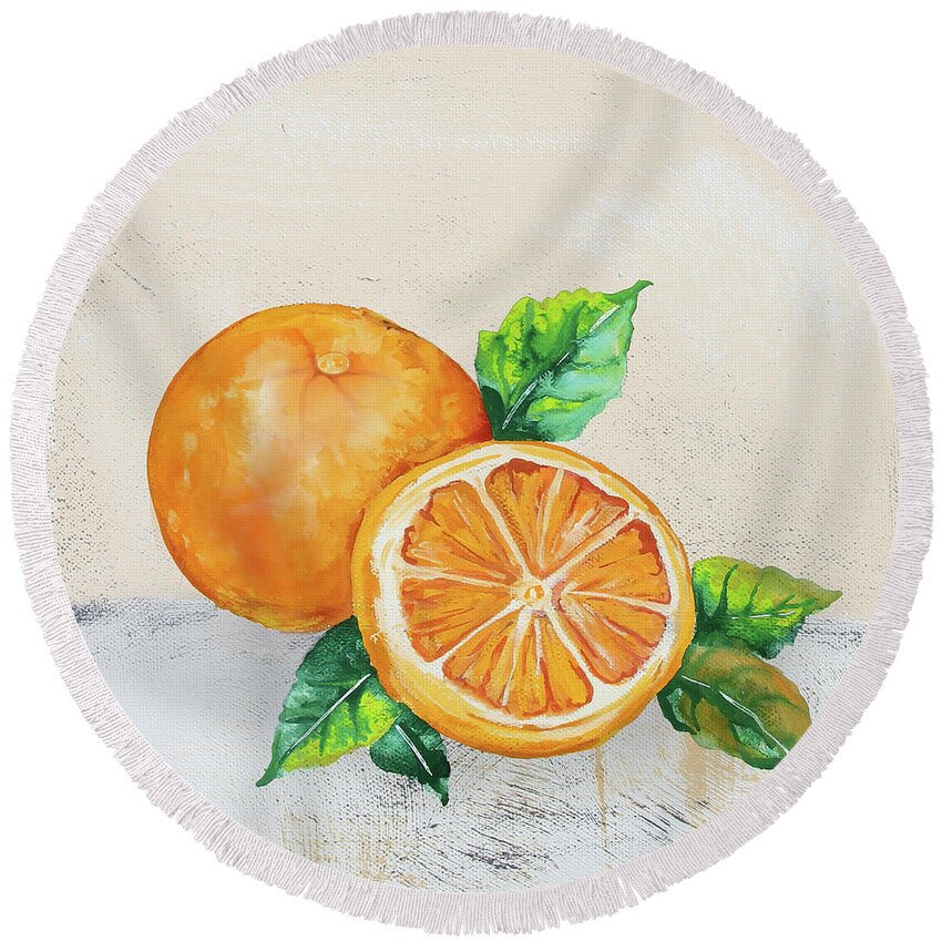 Orange Round Beach Towel featuring the painting Tutti Fruiti Oranges 2 by Jean Plout