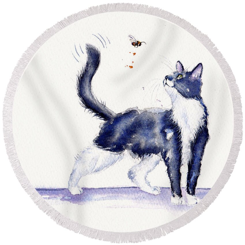 Cat Round Beach Towel featuring the painting Tuxedo Cat and Bumble Bee by Debra Hall