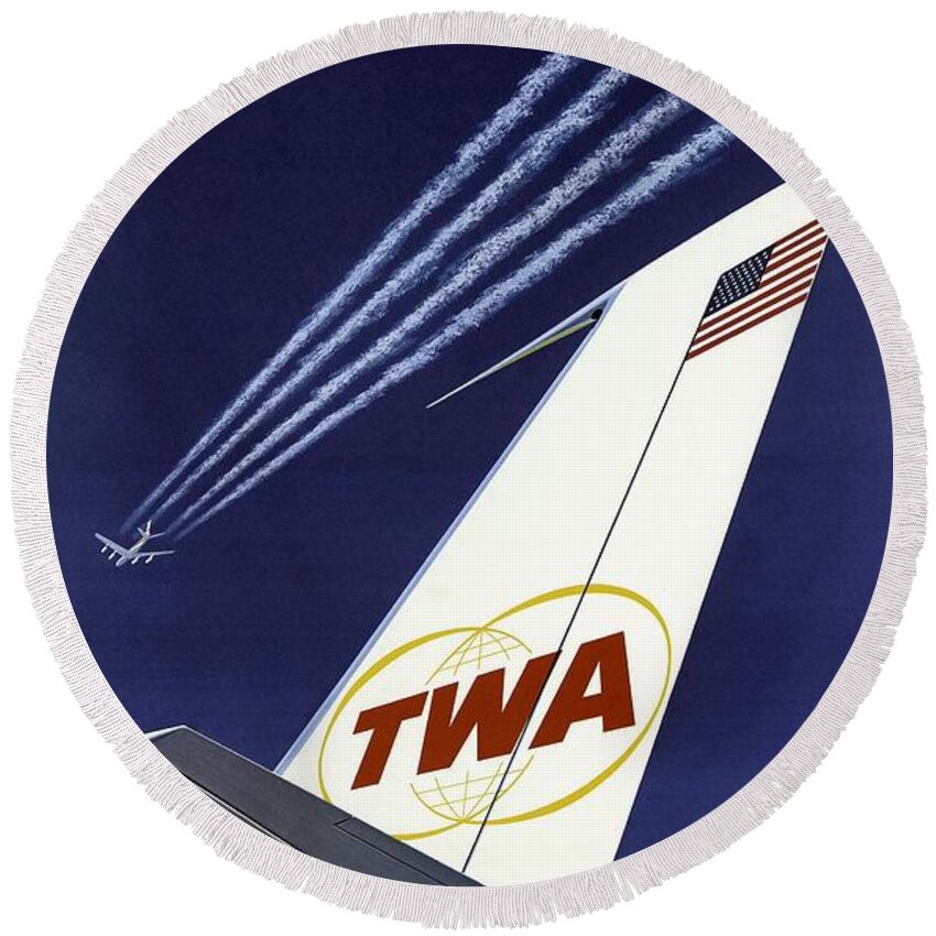 Twa Star Stream Jet Round Beach Towel featuring the painting TWA Star Stream Jet - Minimalist Vintage Advertising Poster by Studio Grafiikka