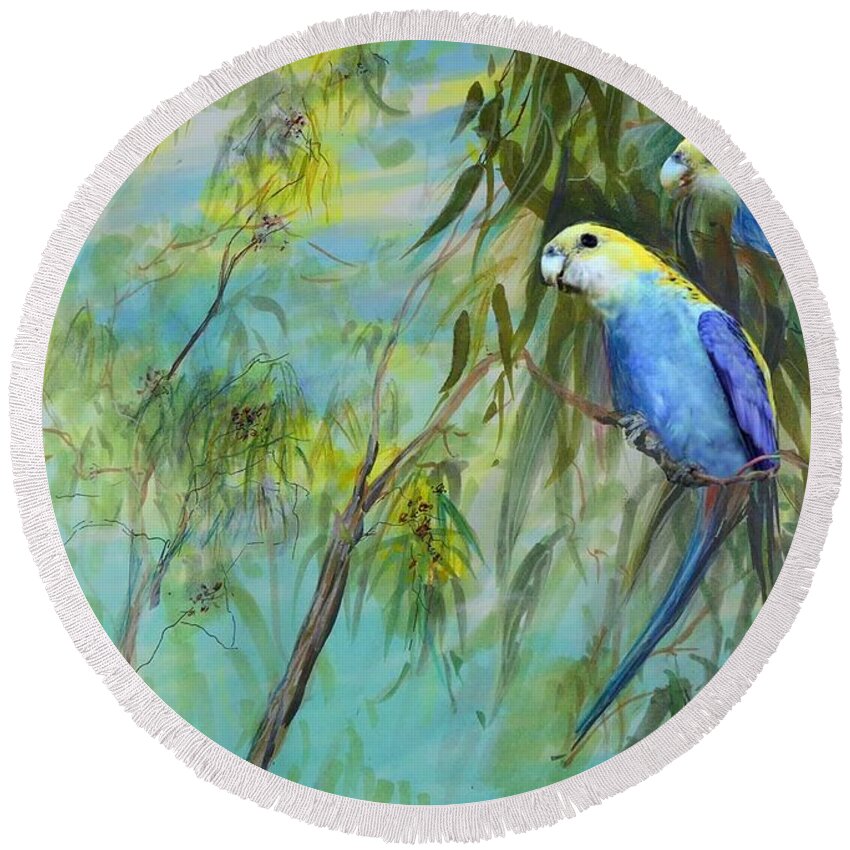 Rosella Round Beach Towel featuring the painting Two pale-faced rosellas by Ryn Shell
