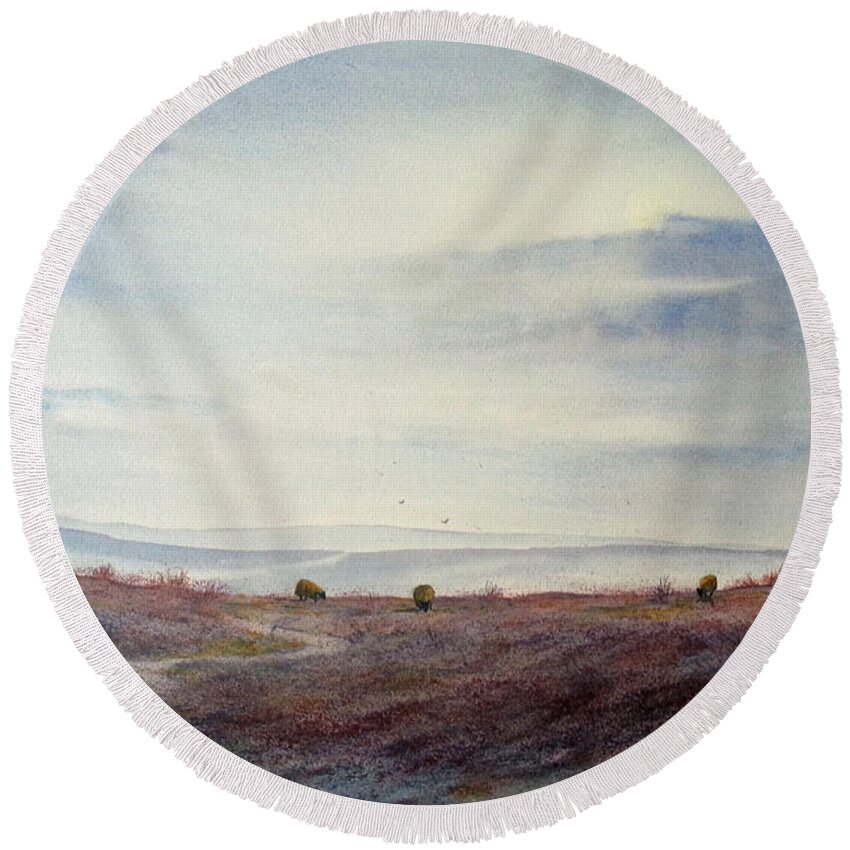 Glenn Marshall Yorkshire Artist Round Beach Towel featuring the painting Twilight Settles on the Moors by Glenn Marshall