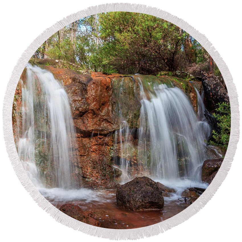 Waterfalls Round Beach Towel featuring the photograph Twin Falls at Ironstone Gully by Robert Caddy