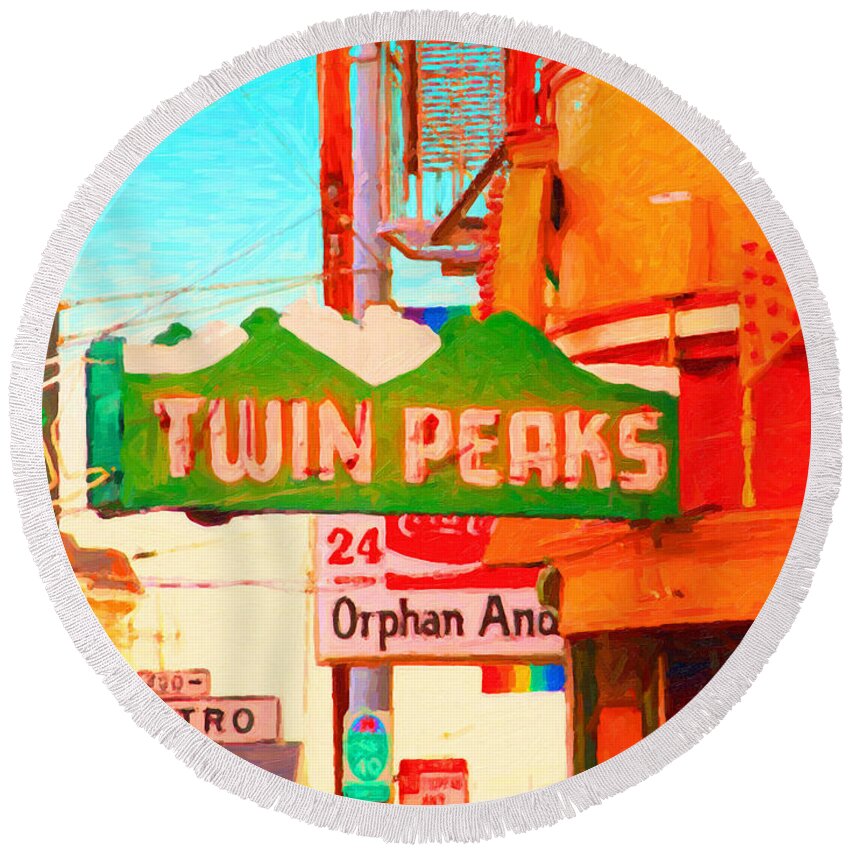 Cityscape Round Beach Towel featuring the photograph Twin Peaks Gay Bar in San Francisco . Painterly Style by Wingsdomain Art and Photography