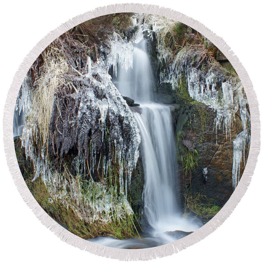 Winter Round Beach Towel featuring the photograph Twin Winter Waterfalls by David Birchall