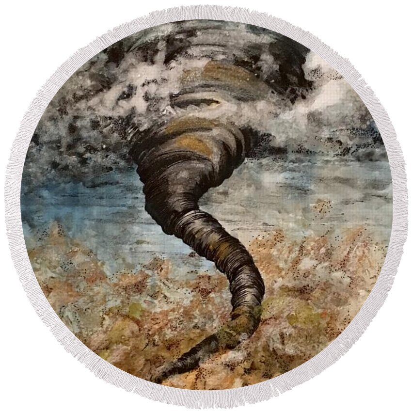  Tornado Round Beach Towel featuring the painting Twister on the Colorado Plains by Mastiff Studios