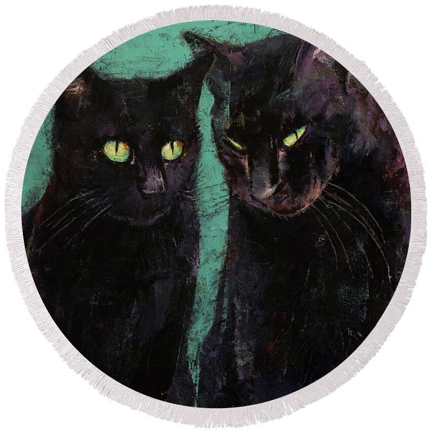 Abstract Round Beach Towel featuring the painting Two Black Cats by Michael Creese