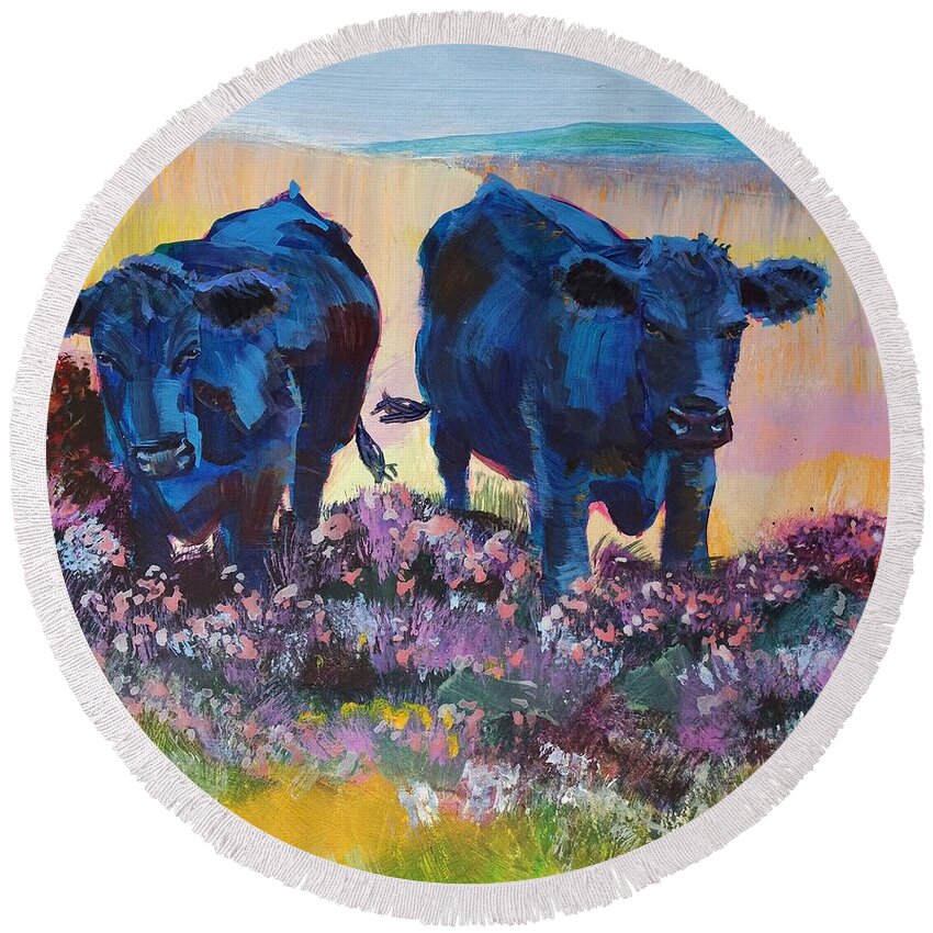 Black Cows On Dartmoor Round Beach Towel featuring the painting Two Black Cows On Dartmoor by Mike Jory