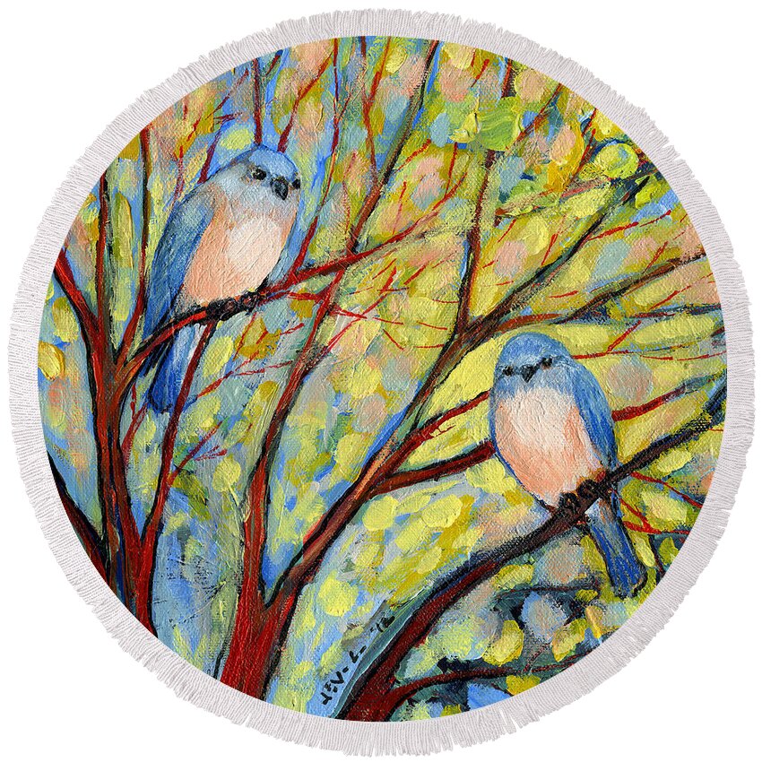 #faatoppicks Round Beach Towel featuring the painting Two Bluebirds by Jennifer Lommers